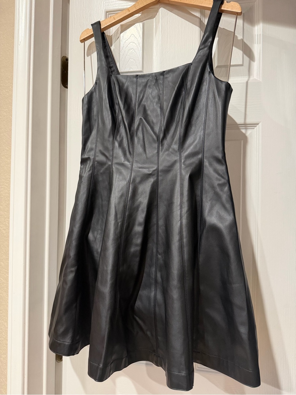 7 For All Mankind Black Faux Leather Fit-and-Flare Mini Dress with Wide Straps